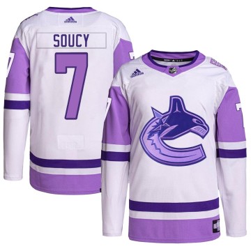 Authentic Adidas Men's Carson Soucy Vancouver Canucks Hockey Fights Cancer Primegreen Jersey - White/Purple