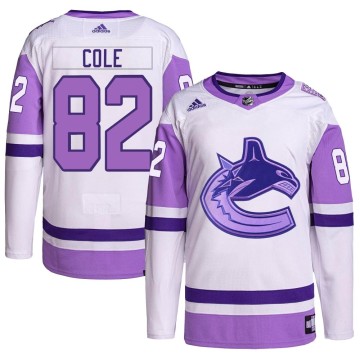Authentic Adidas Men's Ian Cole Vancouver Canucks Hockey Fights Cancer Primegreen Jersey - White/Purple