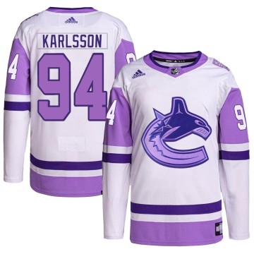 Authentic Adidas Men's Linus Karlsson Vancouver Canucks Hockey Fights Cancer Primegreen Jersey - White/Purple