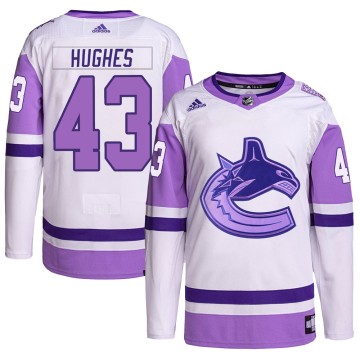 Authentic Adidas Men's Quinn Hughes Vancouver Canucks Hockey Fights Cancer Primegreen Jersey - White/Purple