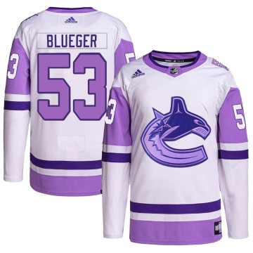 Authentic Adidas Men's Teddy Blueger Vancouver Canucks Hockey Fights Cancer Primegreen Jersey - White/Purple