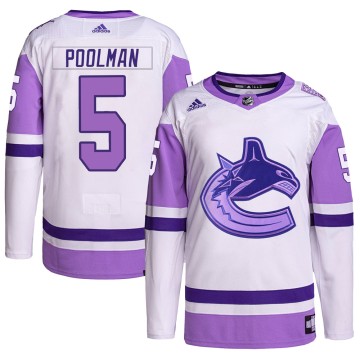 Authentic Adidas Men's Tucker Poolman Vancouver Canucks Hockey Fights Cancer Primegreen Jersey - White/Purple