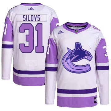 Authentic Adidas Youth Arturs Silovs Vancouver Canucks Hockey Fights Cancer Primegreen Jersey - White/Purple