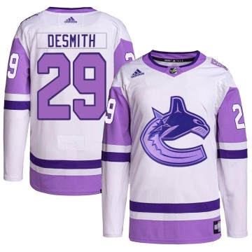 Authentic Adidas Youth Casey DeSmith Vancouver Canucks Hockey Fights Cancer Primegreen Jersey - White/Purple