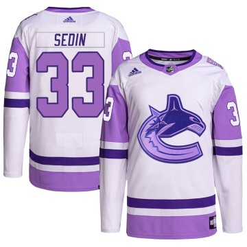 Authentic Adidas Youth Henrik Sedin Vancouver Canucks Hockey Fights Cancer Primegreen Jersey - White/Purple