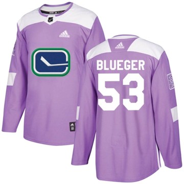 Authentic Adidas Youth Teddy Blueger Vancouver Canucks Purple Fights Cancer Practice Jersey - Blue